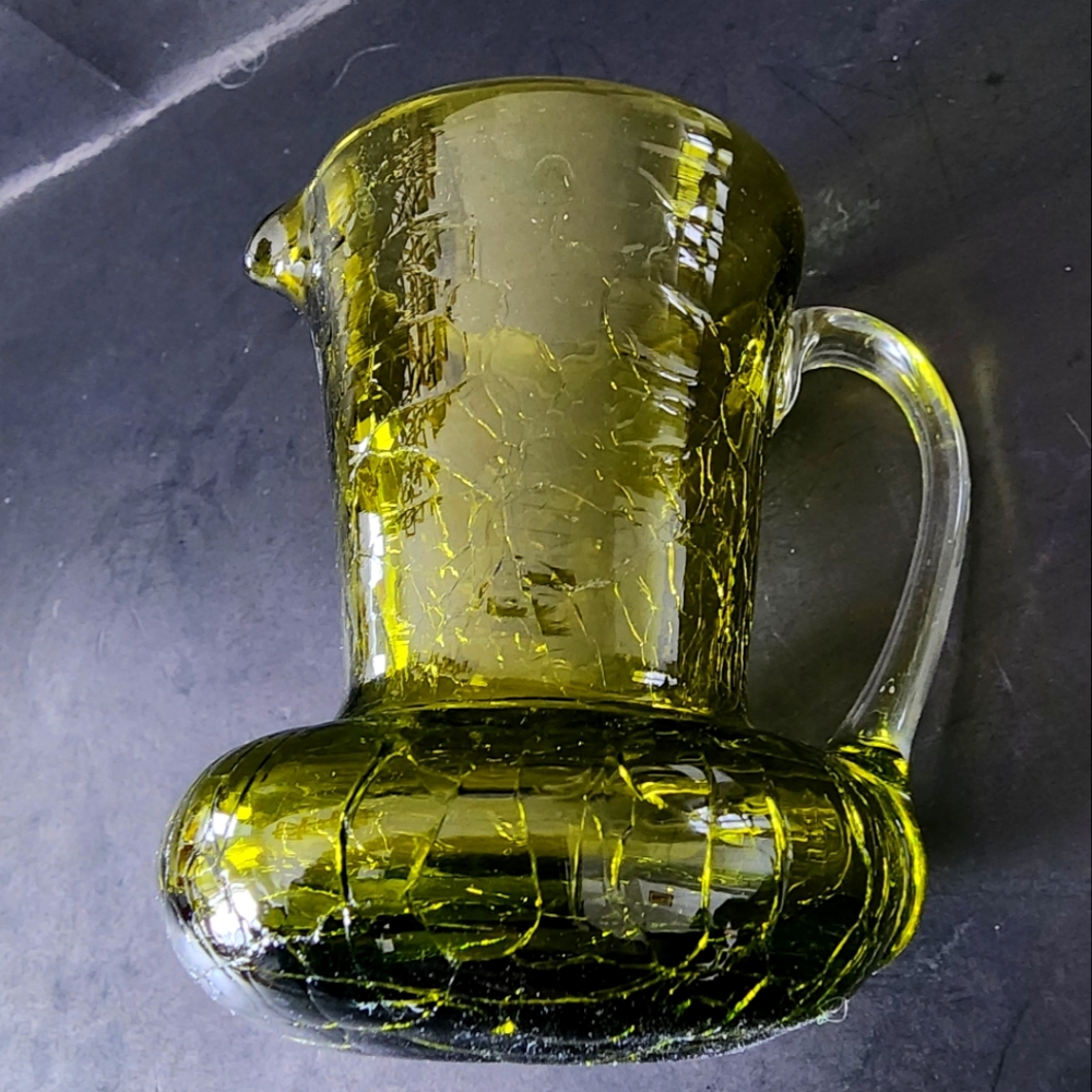 Vintage 3 3/4" Green Crackle Glass Pitcher